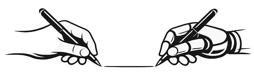 Writing with AI — a human hand and a robotic hand, both writing with a pen